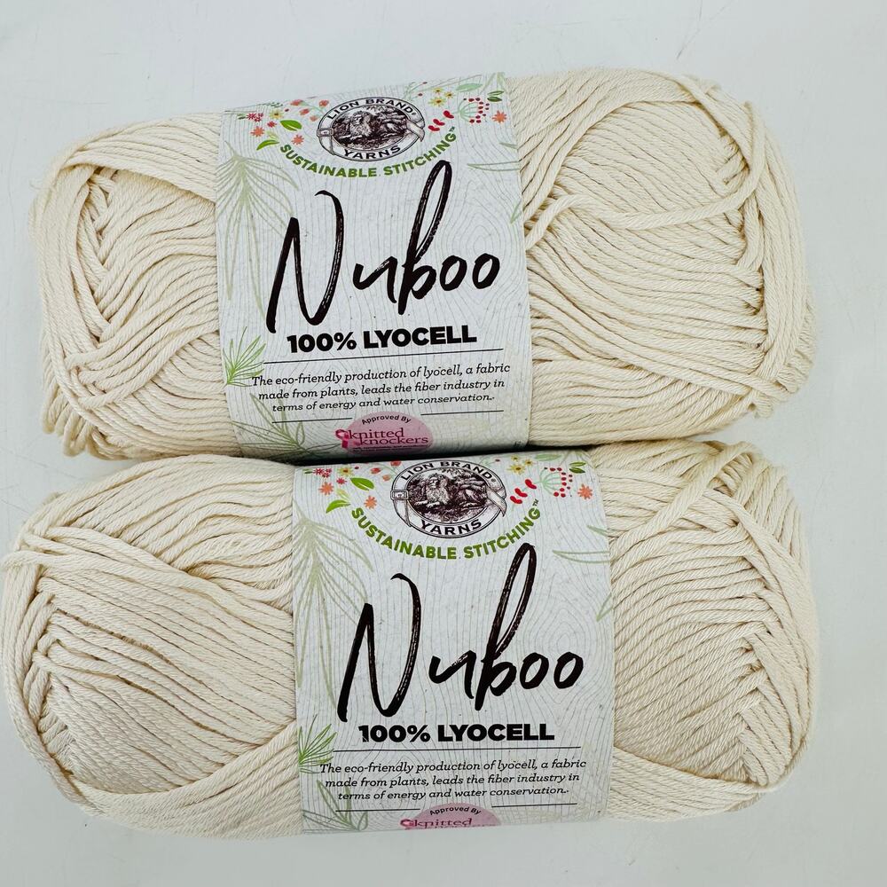 2 Lion Brand NUBOO Yarn Skeins CREAM Sustainable Discontinued 100% LYOCELL